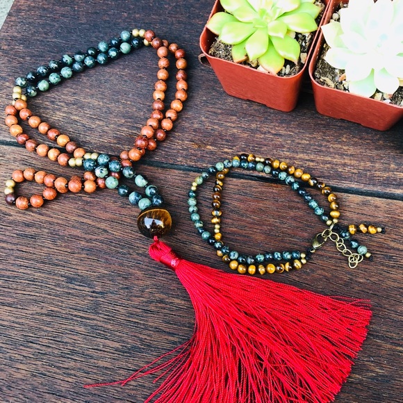 ✨GREEN JASPER/ROSEWOOD/TIGER EYE MALA NECKLACE - Picture 13 of 16
